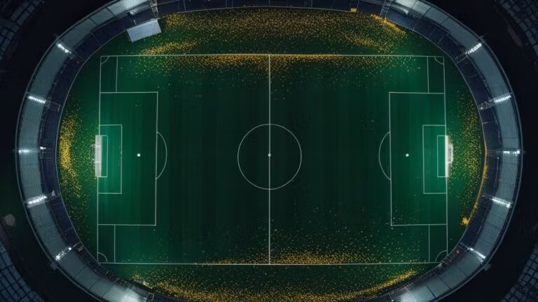 Góc nhìn từ trên cao sân vận động về đêm trước trận chung kết World Cup, pháo giấy vàng rực rỡ
