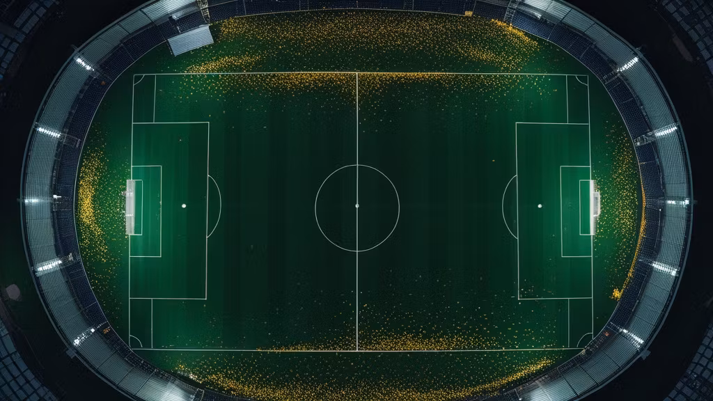 Góc nhìn từ trên cao sân vận động về đêm trước trận chung kết World Cup, pháo giấy vàng rực rỡ