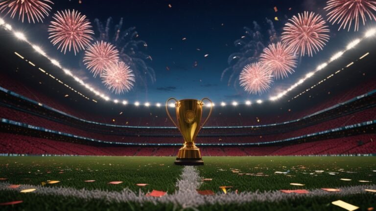 Pháo hoa và confetti ăn mừng tại sân vận động bóng đá